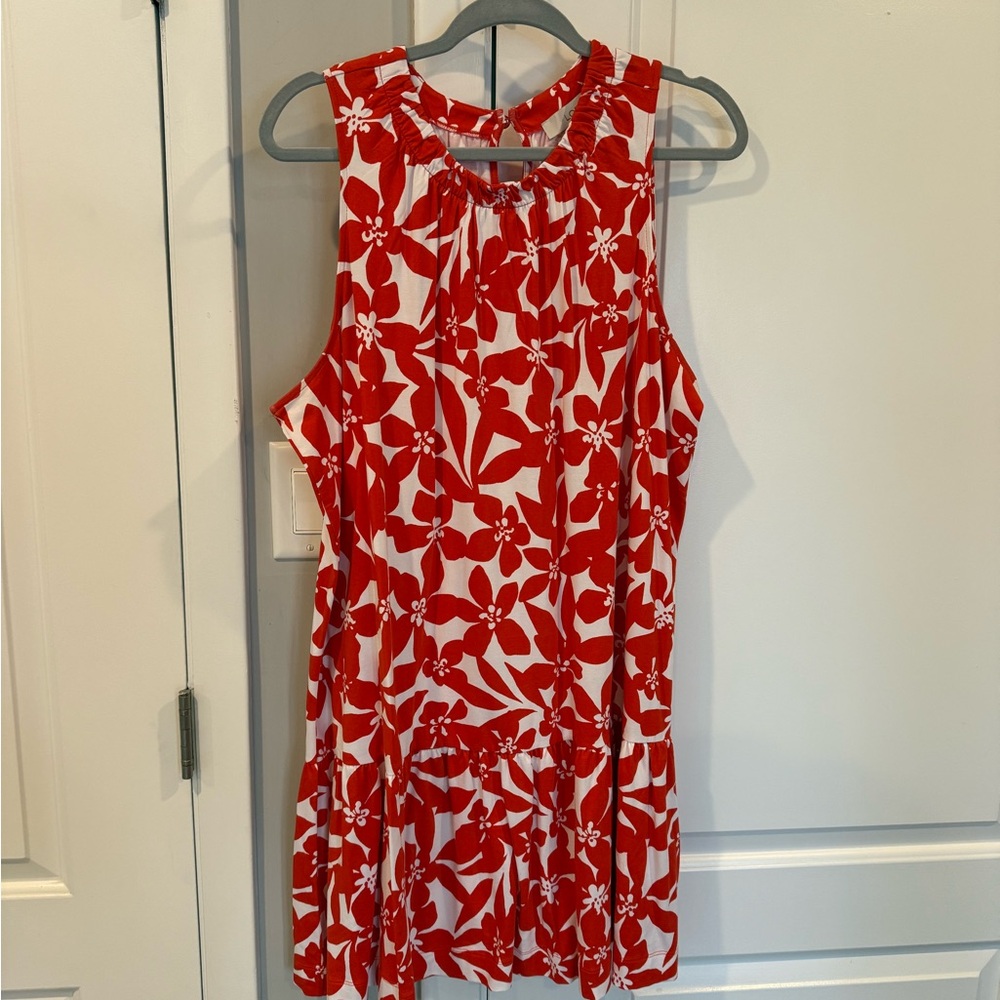 LOFT Red and White Sleeveless Floral Dress